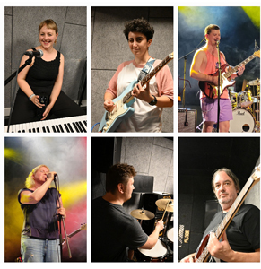Djamas (Bandfoto, 6 Personen)

Eine Fotocollage aus sechs Einzelbildern.

Oben links: eine Frau am Keyboard, sie lächelt in die Kamera.

Oben Mitte: eine Person mit Kurzhaarschnitt spielt eine hellblaue E-Gitarre.

Oben rechts: ein Mann Mit ärmellosen Shirt Und pinken Shorts spielt Gitarre auf einer Bühne.

Unten links: eine Sängerin mit Mikrofon, in dunklem Shirt, mit geschlossenen Augen.

Unten Mitte: ein Schlagzeuger von der Seite am Drumset.

Unten rechts: ein Bassist schaut in die Kamera, während er spielt.