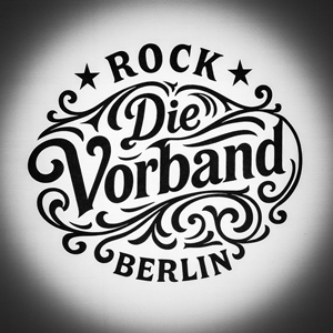 Logo Vorband:
  Ein rundes Logo in schwarz-weißem Design zeigt den Text ROCK oben, Die Vorband in der Mitte in verschnörkelter Schrift, und BERLIN unten. Das Logo ist von dekorativen Sternen und geschwungenen Ornamenten umrahmt und hat einen professionellen, vintage-inspirierten Look.
  