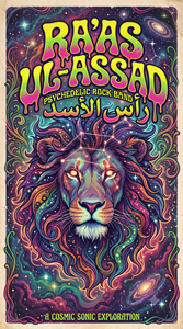 Bandfoto Ray's Al-Aassad
Farbenprächtiges, psychedelisches Konzertplakat mit einem Löwenkopf, dessen Mähne aus bunten, geschwungenen Ornamenten besteht. Darüber steht in großen gelben Buchstaben „Ray's Al-Aassad“, ergänzt durch arabische Schriftzeichen und den Hinweis „Psychedelic Rock Band“. Im unteren Bereich steht „Cosmic Comic Exploration“.